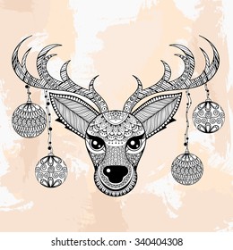 Zentangle vector head of Reindeer for Christmas decorations, tattoo in hipster style. Ornamental patterned illustration for adult coloring pages. Hand drawn black sketch isolated on grunge background.