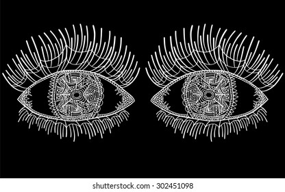 Zentangle vector illustration of mystic and unusual eyes with long eyelashes. Vector illustration can be used for web design, printed products, t-shirts and fabrics, surface textures and other.