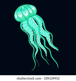Zentangle vector Jellyfish for tattoo design in boho, hipster style. Ornamental tribal patterned underwater animal illustration. Hand drawn isolated color sketch. Sea collection.