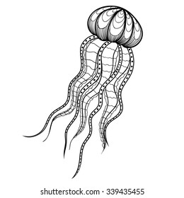 Zentangle vector Jellyfish for tattoo design. Ornamental tribal patterned underwater animal illustration for adult anti stress coloring pages. Hand drawn isolated black sketch. Sea collection.