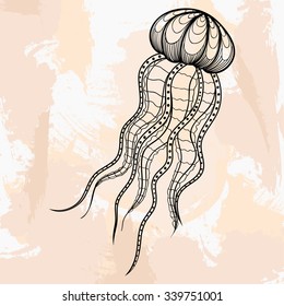 Zentangle vector Jellyfish for tattoo in hipster style. Ornamental tribal patterned illustration for adult coloring pages. Hand drawn black sketch isolated on grunge background. Sea animal collection.