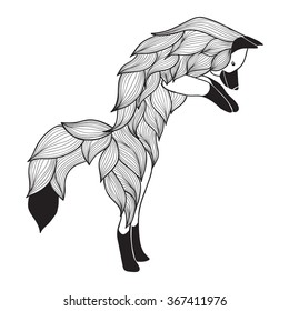 Zentangle vector jumping Fox for adult anti stress coloring pages.Ornamental tribal patterned illustration for tattoo, poster, print. Hand drawn sketch isolated on white background. Animal collection.