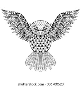 Zentangle vector Owl for adult anti stress coloring pages. Ornamental tribal patterned illustration for tattoo, poster or print. Hand drawn monochrome sketch. Bird, animal collection.