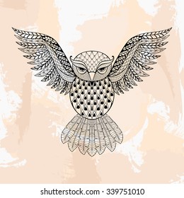 Zentangle vector Owl, tattoo in hipster style. Ornamental tribal patterned illustration for adult anti stress coloring pages. Hand drawn black sketch isolated on grunge background. Bird collection.