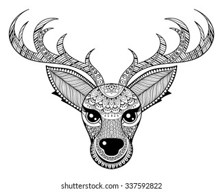 Zentangle vector Reindeer for adult antistress coloring pages. Ornamental tribal patterned Christmas Deer head illustration for tattoo, poster, print. Hand drawn monochrome sketch. Animal collection.