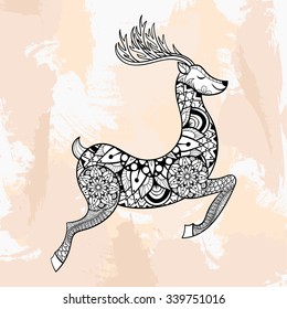 Zentangle vector Rundeer for Christmas decorations, tattoo in hipster style. Ornamental  patterned illustration for adult anti stress coloring pages. Hand drawn sketch isolated on grunge background.