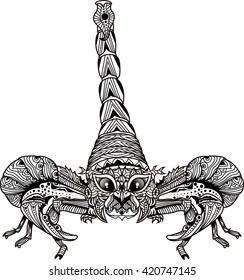 zentangle vector scorpion, Black and white zentangle art. Ethnic patterned illustration for antistress coloring book, tattoo, poster, print, t-shirt.