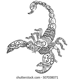 zentangle vector scorpion, Black and white zentangle art. Ethnic patterned illustration, tattoo, poster, print
