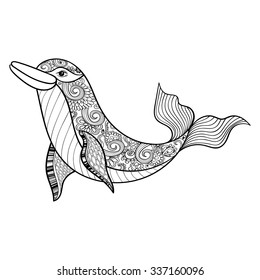 Zentangle vector sea Dolphin for adult anti stress coloring pages. Ornamental tribal patterned illustration for tattoo, poster or print. Hand drawn monochrome sketch. Sea animal collection.