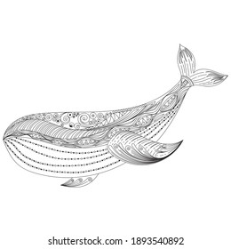 Zentangle vector Whale for adult anti stress coloring pages. Ornamental tribal patterned illustration for tattoo, poster or print. Hand drawn monochrome sketch. Sea animal collection