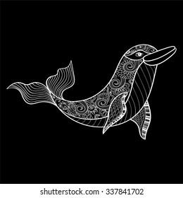 Zentangle vector white Dolphin for adult anti stress coloring pages. Ornamental tribal patterned illustration for tattoo, poster or print. Hand drawn monochrome sketch. Sea animal collection.