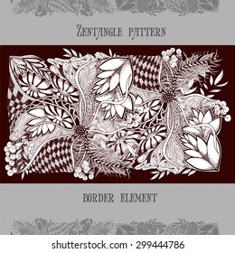 Zentangle vector white pattern border element on dark brown background