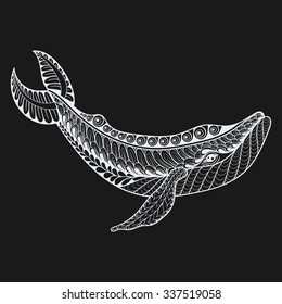 Zentangle vector white Whale for adult anti stress coloring pages. Ornamental tribal patterned illustratian for tattoo, poster or print. Hand drawn monochrome sketch. Sea animal collection.