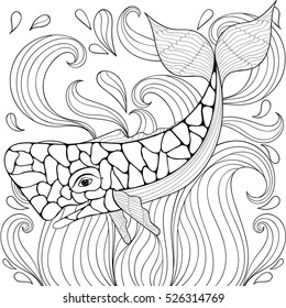Zentangle Whale in waves. Freehand sketch for adult antistress coloring pages, books. Ornamental artistic vector illustration for tattoo, t-shirt print. Sea animal collection. 