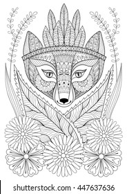 Zentangle wild fox with indian war bonnet in grass and flowers. Hand drawn ethnic free animal for adult coloring pages, boho t-shirt patterned print, posters and logo. Vector isolated illustration. A4