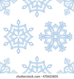 Zentangle winter light blue snowflake seamless pattern for Christmas, New Year. Freehand artistic ethnic vector illustration for adult coloring pages, art therapy, bohemian tattoo, t-shirt print