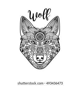 Zentangle wolf head with hand drawn guata vector ornament