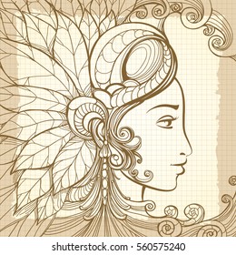 Zentangle woman face and decorative elements on notebook background. Vector illustration