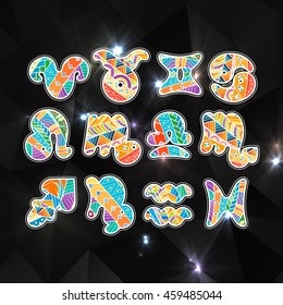 Zentangle zodiac icons. Funny bubble style for children or party.