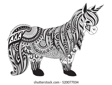 Zentangle-inspired design of happy little pony for adult coloring book pages