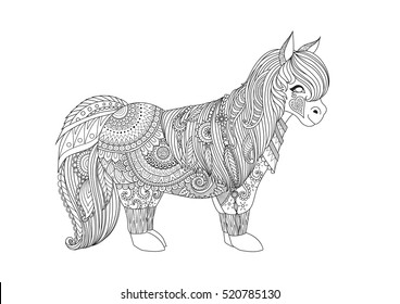 Zentangle-inspired design of happy little pony for adult coloring book pages