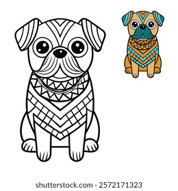 A Zentangle-inspired pug dog design featuring intricate patterns and geometric shapes, blending creativity and detail to create a whimsical, artistic depiction of the lovable breed.