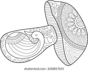 Zentangle-style mushroom coloring book page. Artistic fungi illustration with mandala patterns for relaxation and stress relief.