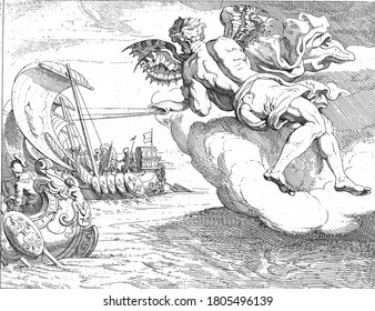 Zephyrus blows Odysseus 'ship forward, Theodoor van Thulden, after Francesco Primaticcio, after Nicolo dell Abate, Zephyrus, god of the west wind, blows Odysseus' ships forward, vintage engraving.