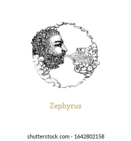 Zephyrus, west wind hand drawn in engraving style. Vector retro graphic illustration of mythological deity.