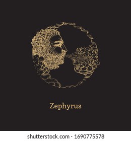 Zephyrus, west wind hand drawn in engraving style. Vector retro graphic illustration of mythological deity on black background.