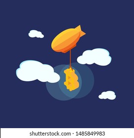 Zeppelin Carries Bitcoin Symbol. Isometric Illustration.