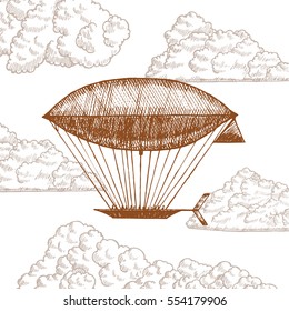 Zeppelin in Clouds on Sky Hand Draw Sketch. Retro Airship or Dirigible Vintage Style Design. Vector illustration