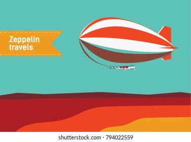 Zeppelin flying over red desert. 