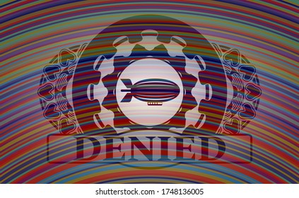 zeppelin icon and denied text colorful realistic emblem. Showy fancy background. Illustration. 