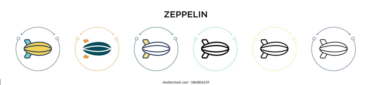 Icono de Zeppelin en estilo relleno, delgado, contorno y trazo. Ilustración vectorial de dos iconos vectoriales de zepelín de color y negro se pueden utilizar para móviles, ui, web