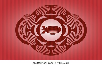 zeppelin icon inside red color realistic badge. Bars chic background. Intense illustration. 