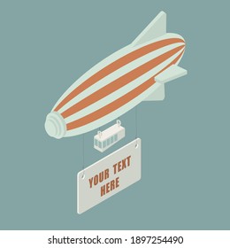 Zeppelin with message - isometric hand drawn vector illustration. Flat colors. 