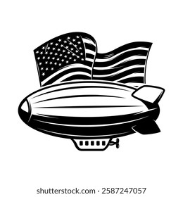 Zeppelin on american flag background. Design element for emblem, sign, badge, poster. Vector illustration