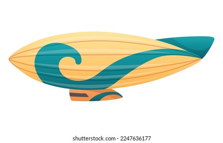 Zeppelin passenger airship. Bright colored cigar shaped balloon or retro zeppelin with stripes cabin for people elongated. Huge balloon with helium for free travel tourism. Vector cartoon art