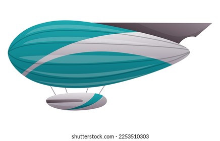 Zeppelin passenger airship. Bright colored cigar shaped balloon or retro zeppelin with stripes cabin for people elongated. Huge balloon with helium for free travel tourism. Vector cartoon art