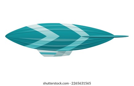 Zeppelin passenger airship. Bright colored cigar shaped balloon or retro zeppelin with stripes cabin for people elongated. Huge balloon with helium for free travel tourism. Vector cartoon art