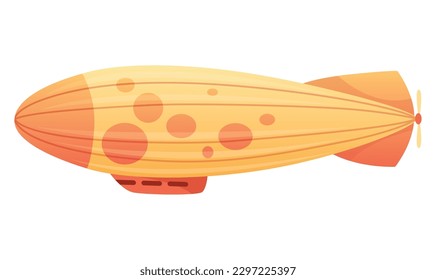 Zeppelin passenger airship. Bright colored cigar shaped balloon or retro zeppelin with stripes cabin for people elongated. Huge balloon with helium for free travel tourism. Vector cartoon art