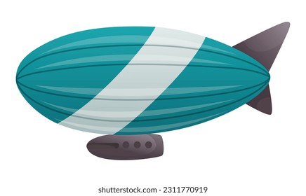 Zeppelin passenger airship. Bright colored cigar shaped balloon or retro zeppelin with stripes cabin for people elongated. Huge balloon with helium for free travel tourism. Vector cartoon art