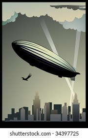 A zeppelin is in sky, placard.