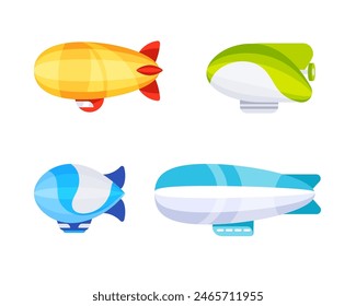 Zeppelin with stripes cabins. Passenger airships set collection. Cigar shaped balloon.