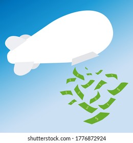 zeppelin lanzando dinero del cielo.