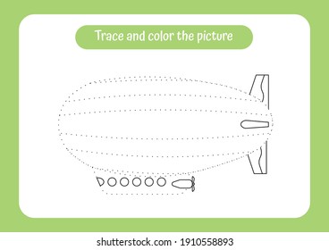 Zeppelin. Trace and color the picture. Educational game for children. Handwriting and drawing practice. Travel theme activity for toddlers, kids. Vector illustration.