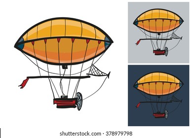Zeppelin vector sketch in kids style on white, gray and dark background.