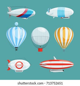 Zeppelins, big airships and balloons with cabin. Vector illustrations set in cartoon style. Airship transportation with basket and cabin