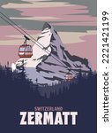 Zermatt Ski resort poster, retro. Alpes Winter travel card
